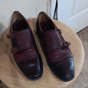 J&M 1850 Burgundy Leather Double Monk Strap Oxfords w Contrasting Brown Cap Toe